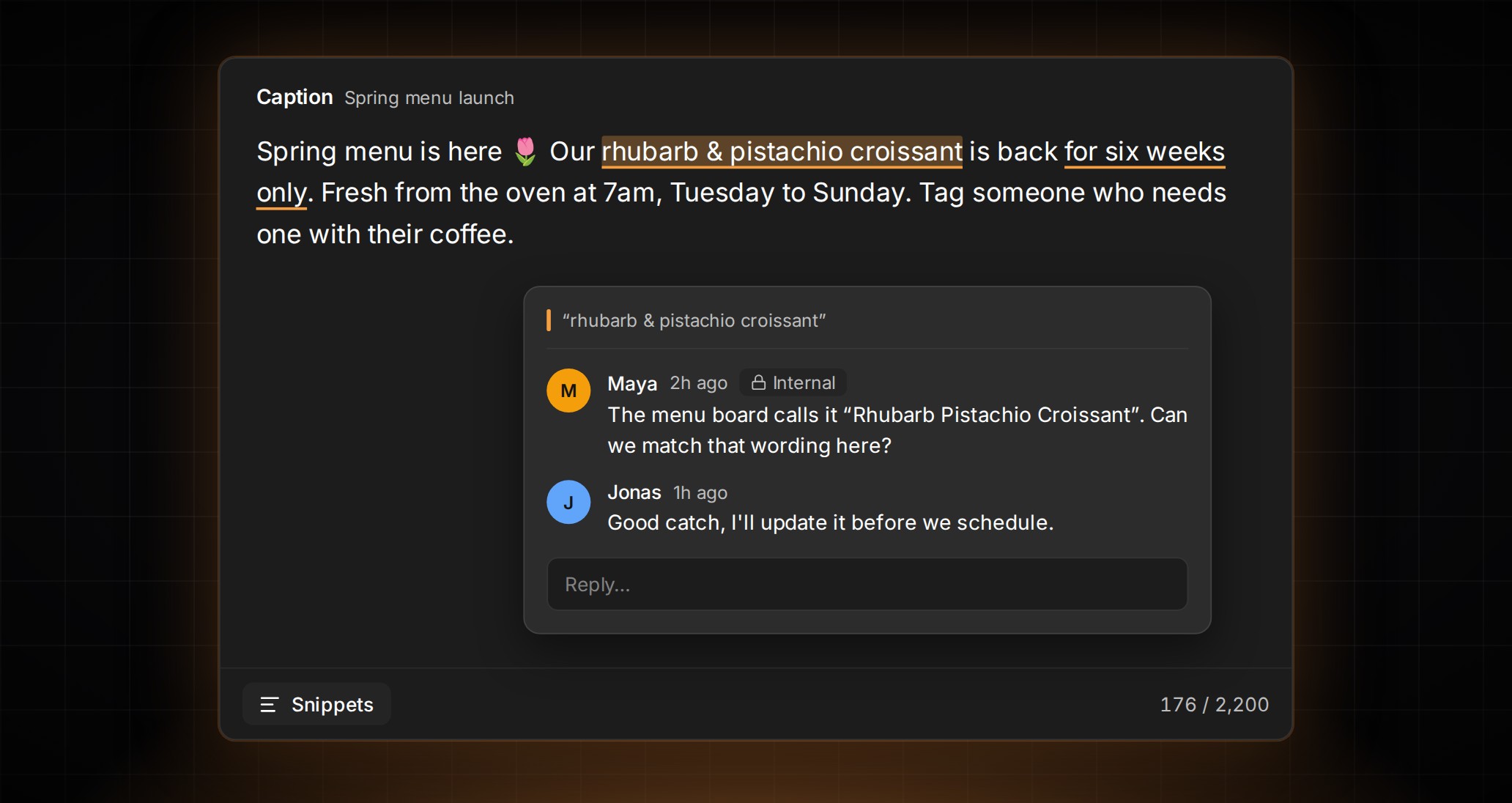 Caption comments in ContentCrew: a thread popover quoting highlighted caption text, with a Snippets button below.