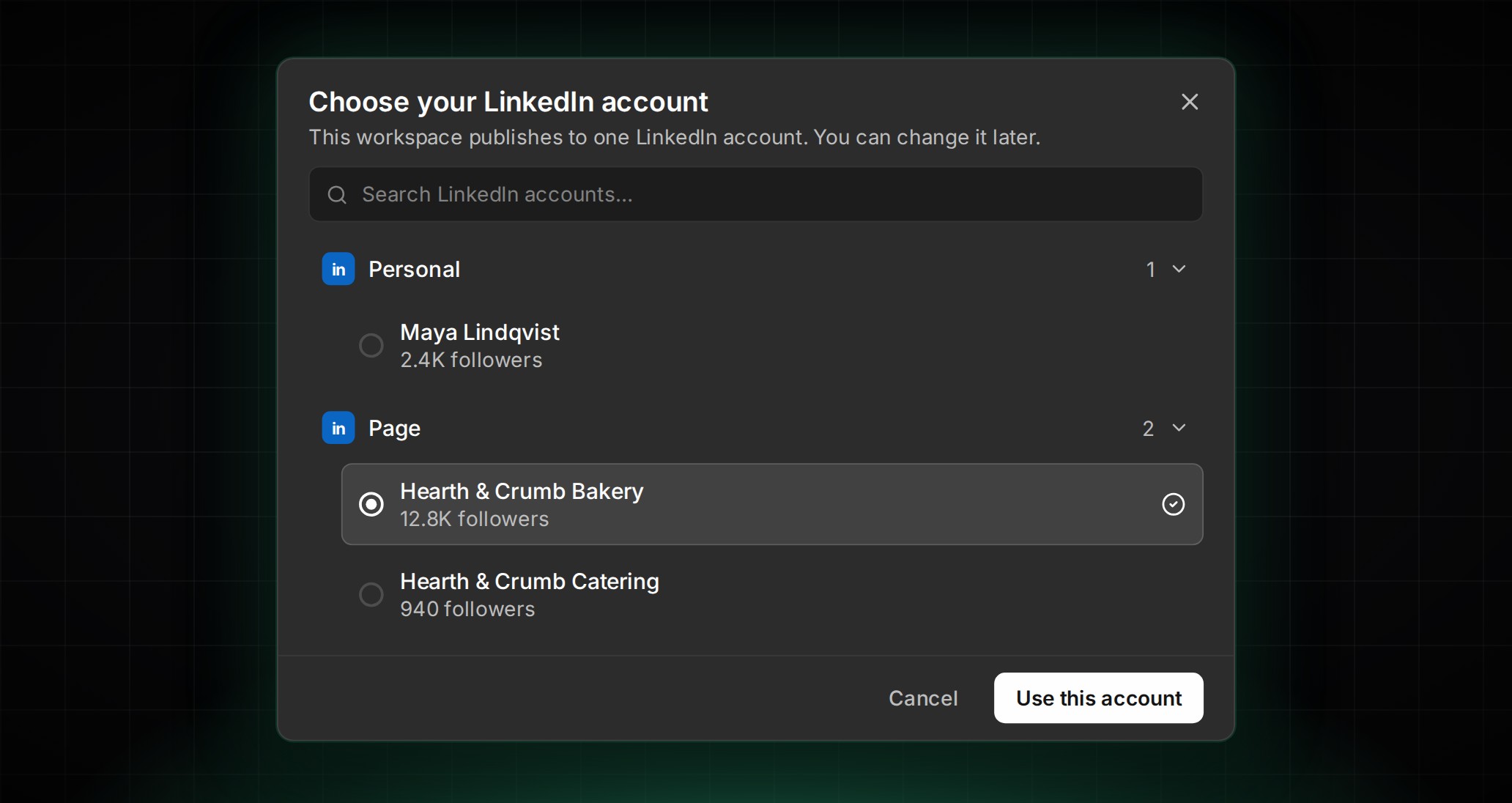 LinkedIn publishing account picker in ContentCrew showing a Personal profile and two Pages to choose from