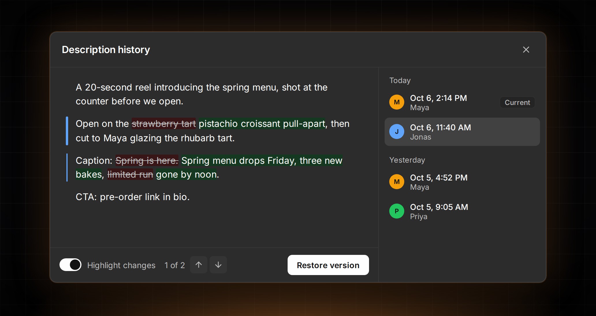 Description history dialog in ContentCrew showing highlighted edits, change navigation and a Restore version button