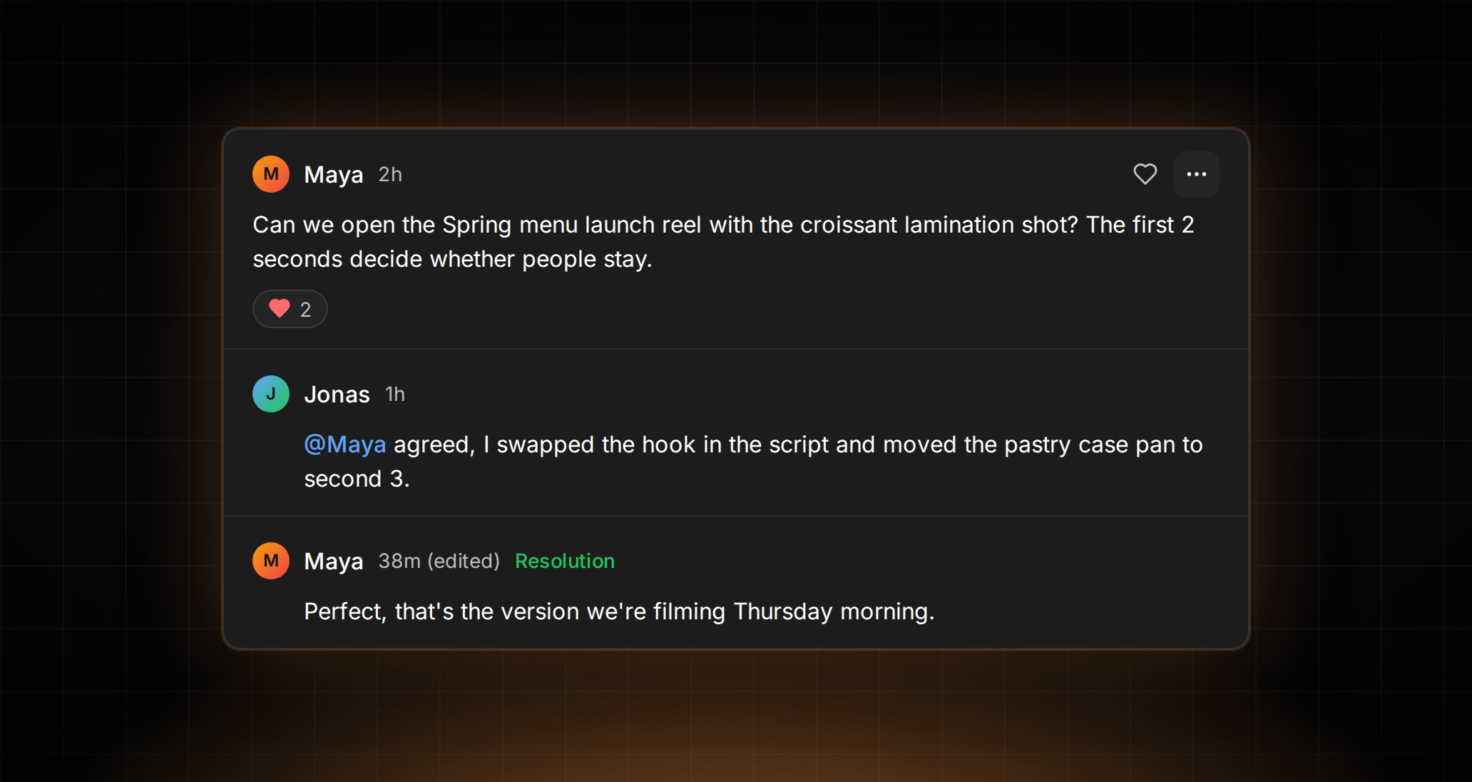 Inline idea comments with a resolved thread in the ContentCrew idea page activity timeline, showing replies and a Resolution tag.