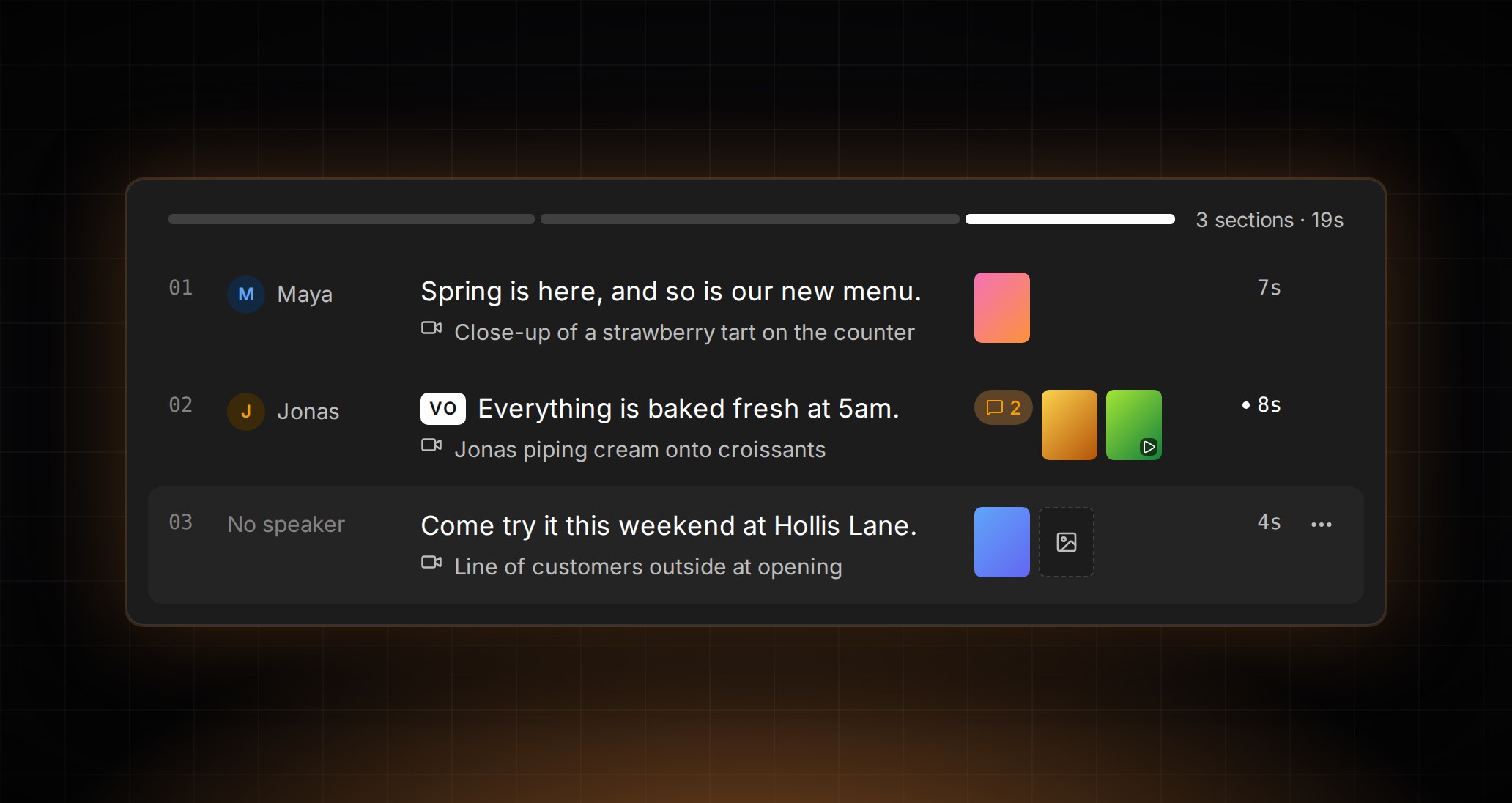 Redesigned script editor in ContentCrew showing section rows with speakers, voiceover tag, visuals and thumbnails.