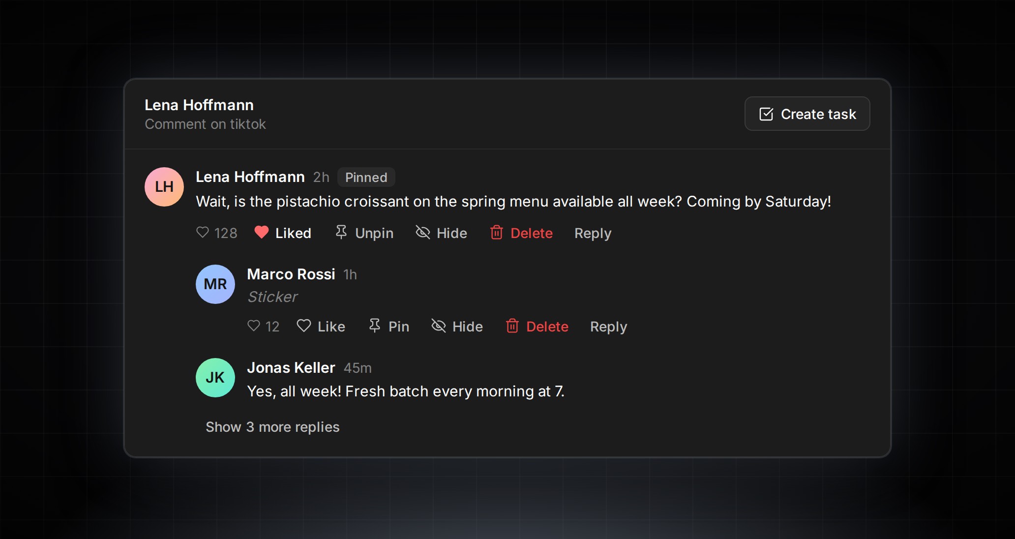 TikTok comment moderation in the ContentCrew Community inbox, with a pinned comment and Like, Pin, Hide, Delete actions.