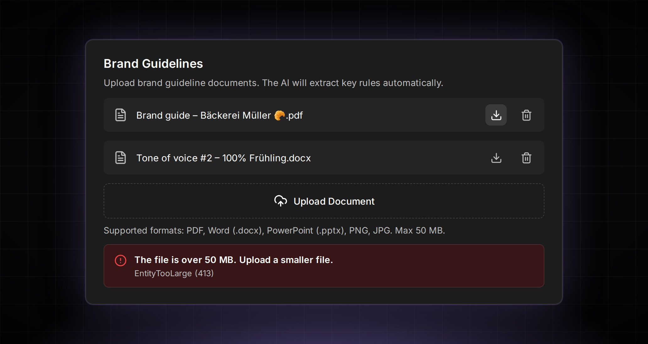 AI Guidelines document upload and download in ContentCrew: file rows with download buttons and an inline upload error