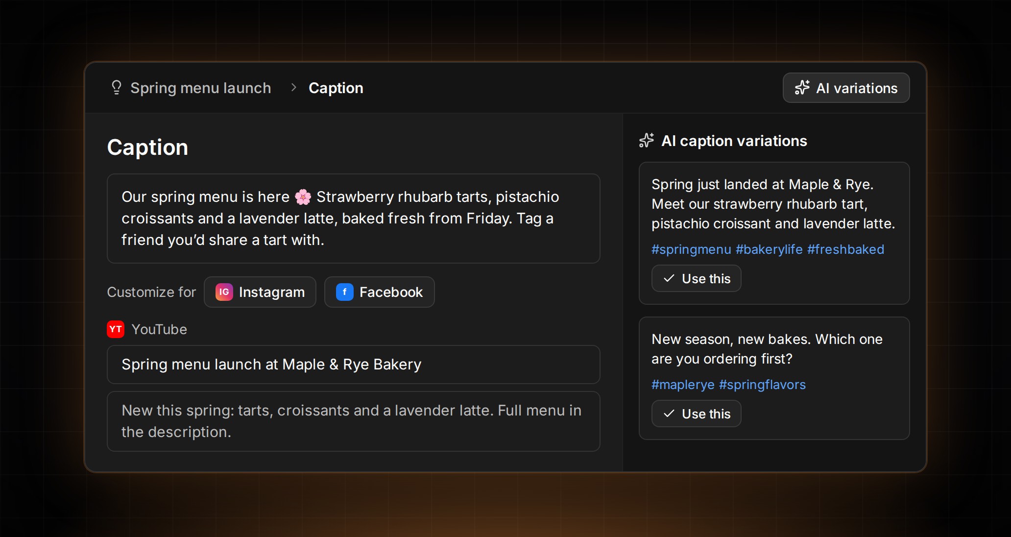 Idea caption page in ContentCrew with per-platform customization and AI caption variations with Use this buttons