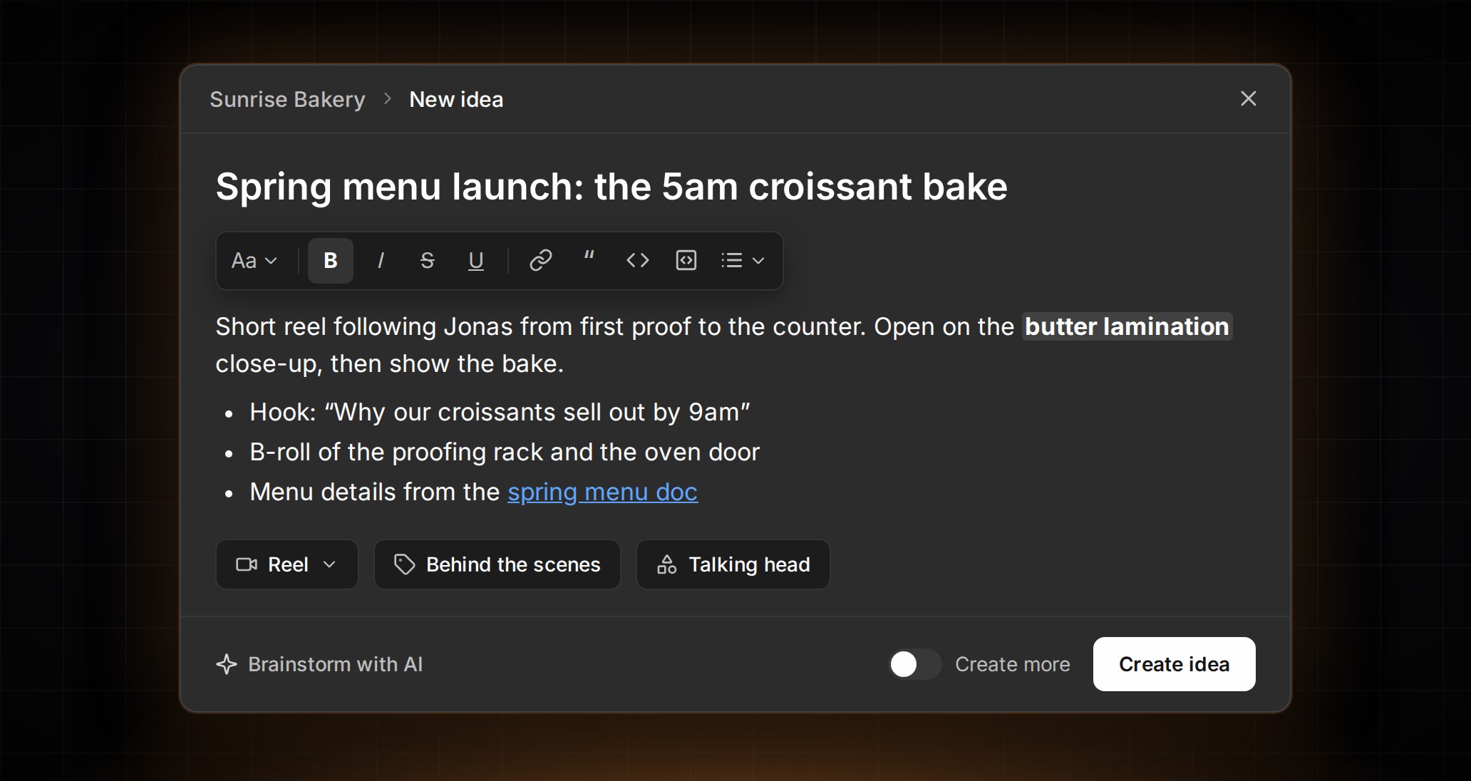 Rich-text idea description in the New Idea dialog in ContentCrew, with a formatting toolbar, bulleted list and link.