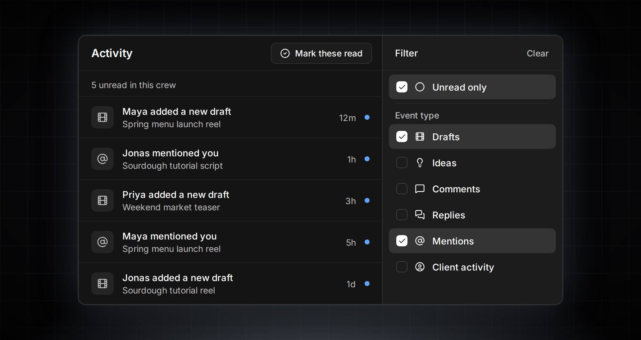 Activity feed filters in ContentCrew: filter sidebar with Unread only, Drafts and Mentions checked beside the filtered feed.
