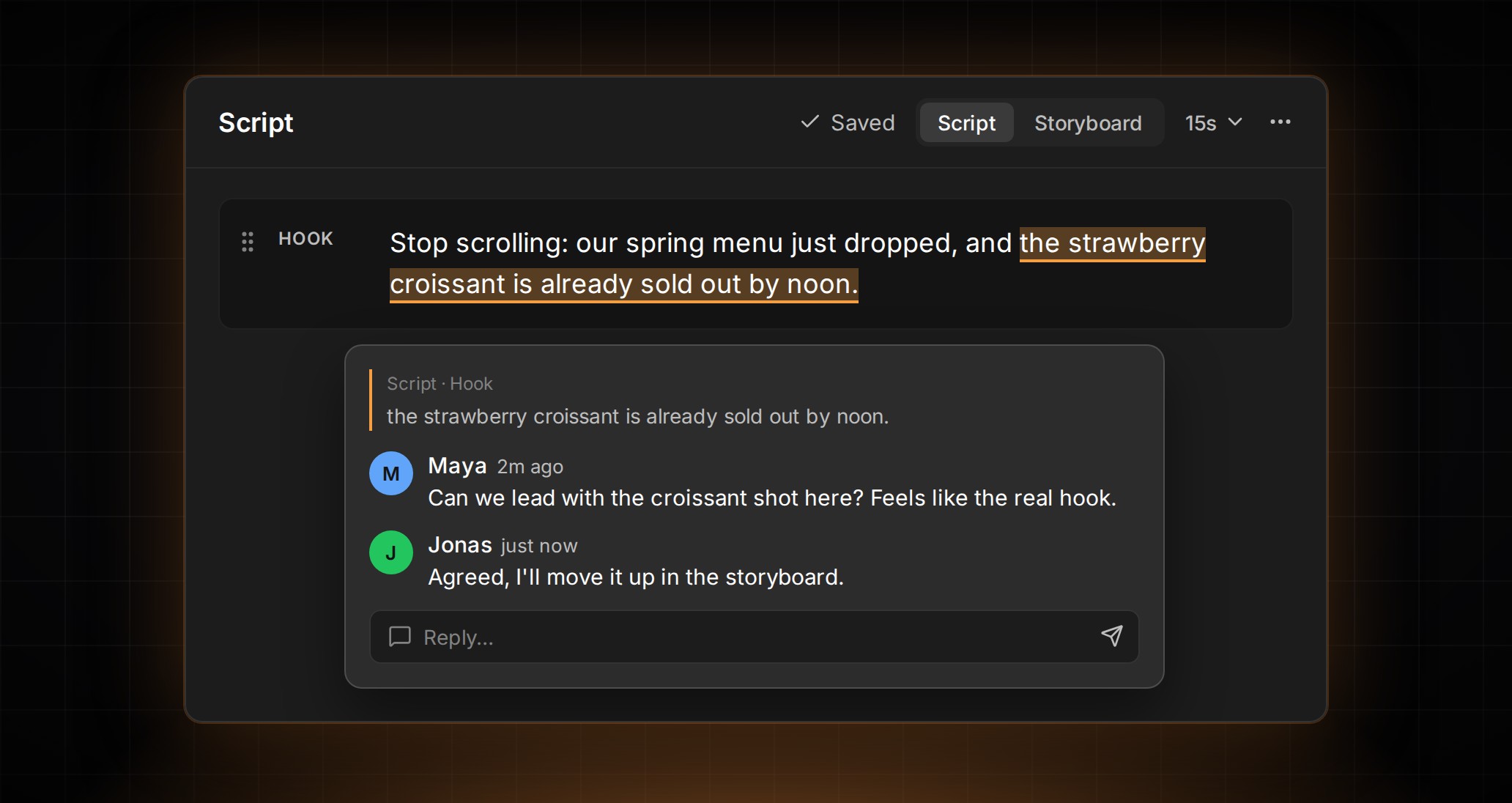 Script inline comments in ContentCrew: a thread popover on highlighted hook text, with the Saved autosave status above