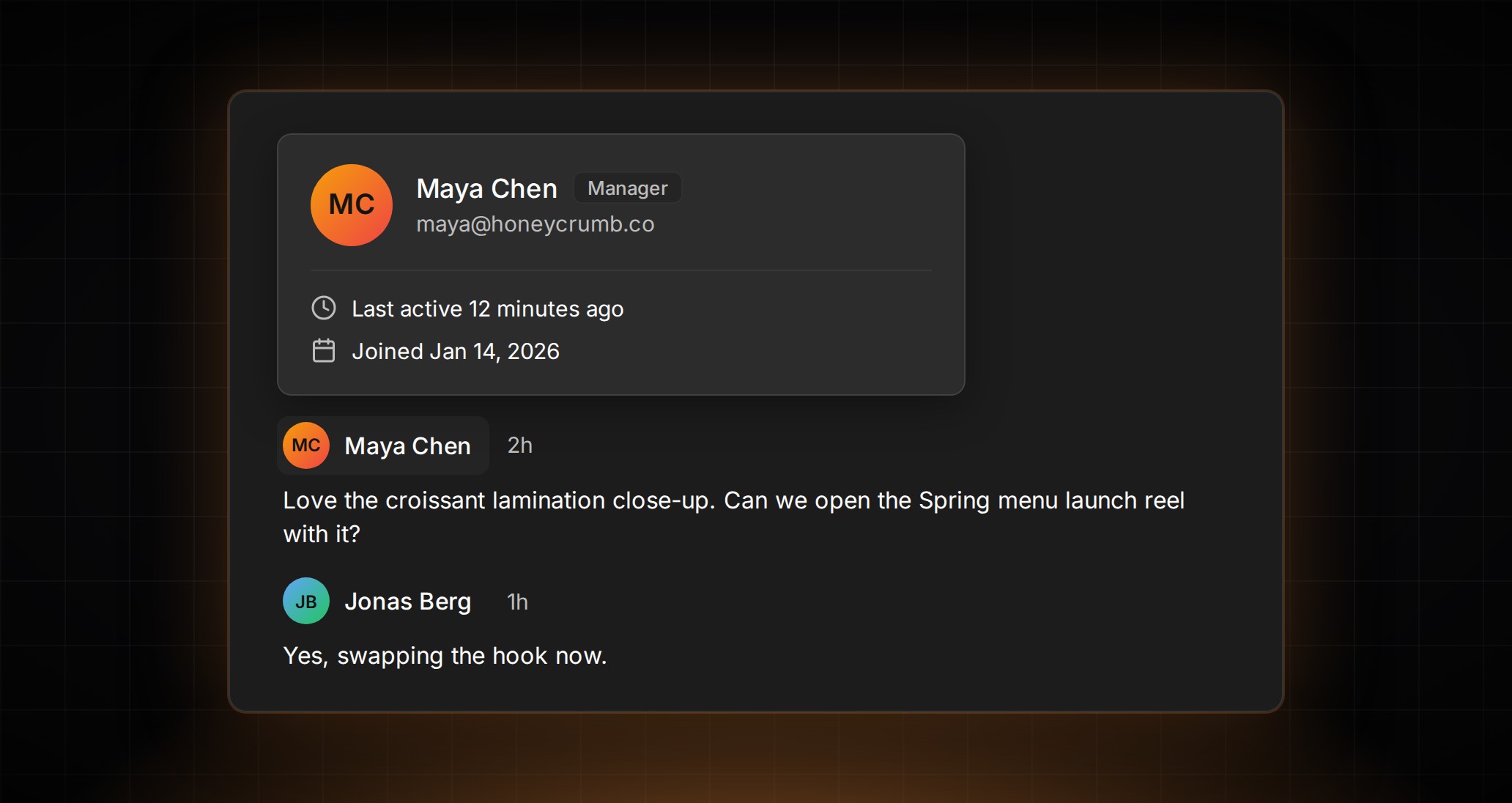Idea activity hover card in ContentCrew showing a comment author's profile with role, email and last active time