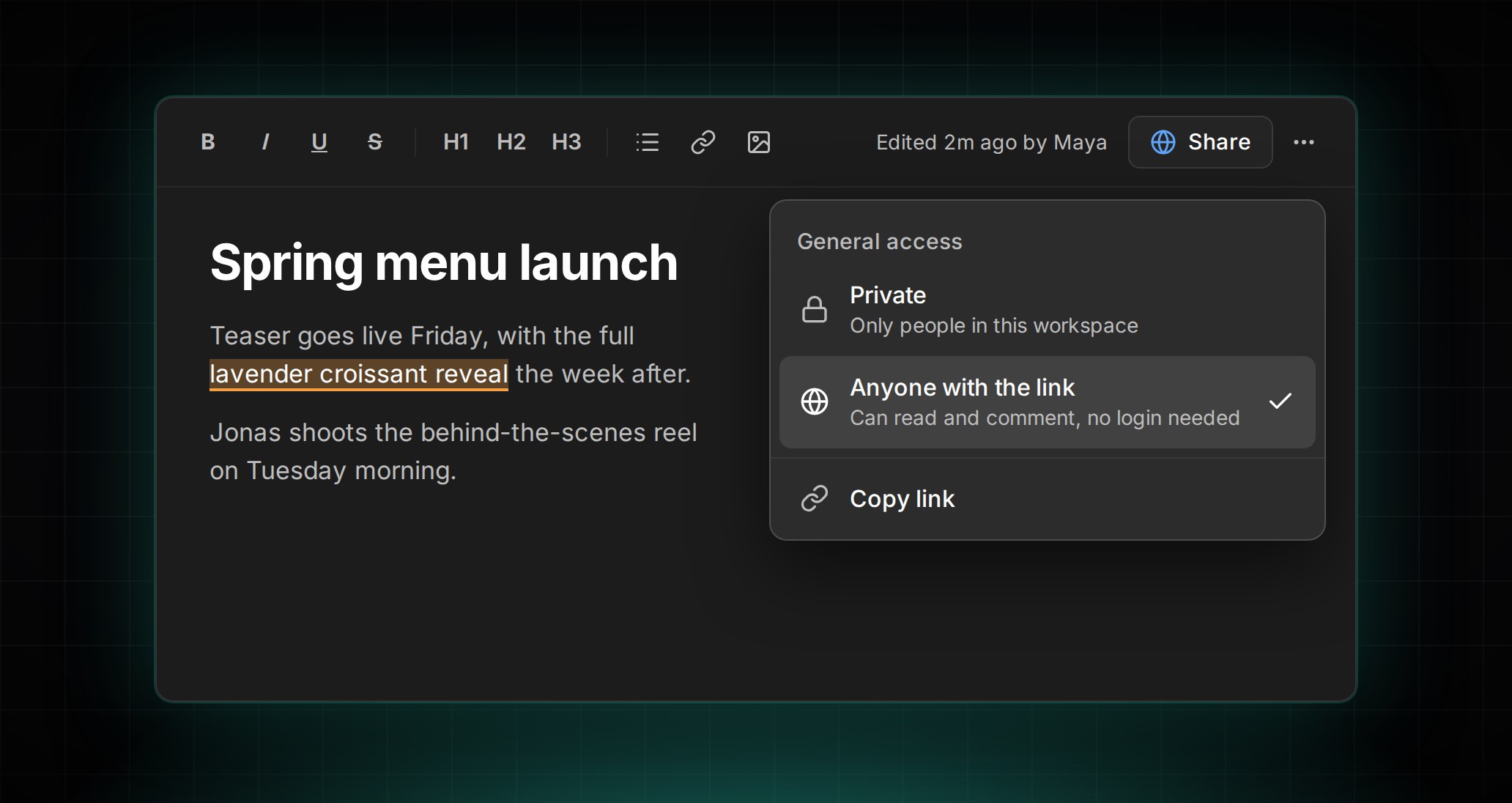 General access sharing in ContentCrew: the Share popover on a page with "Anyone with the link" selected.