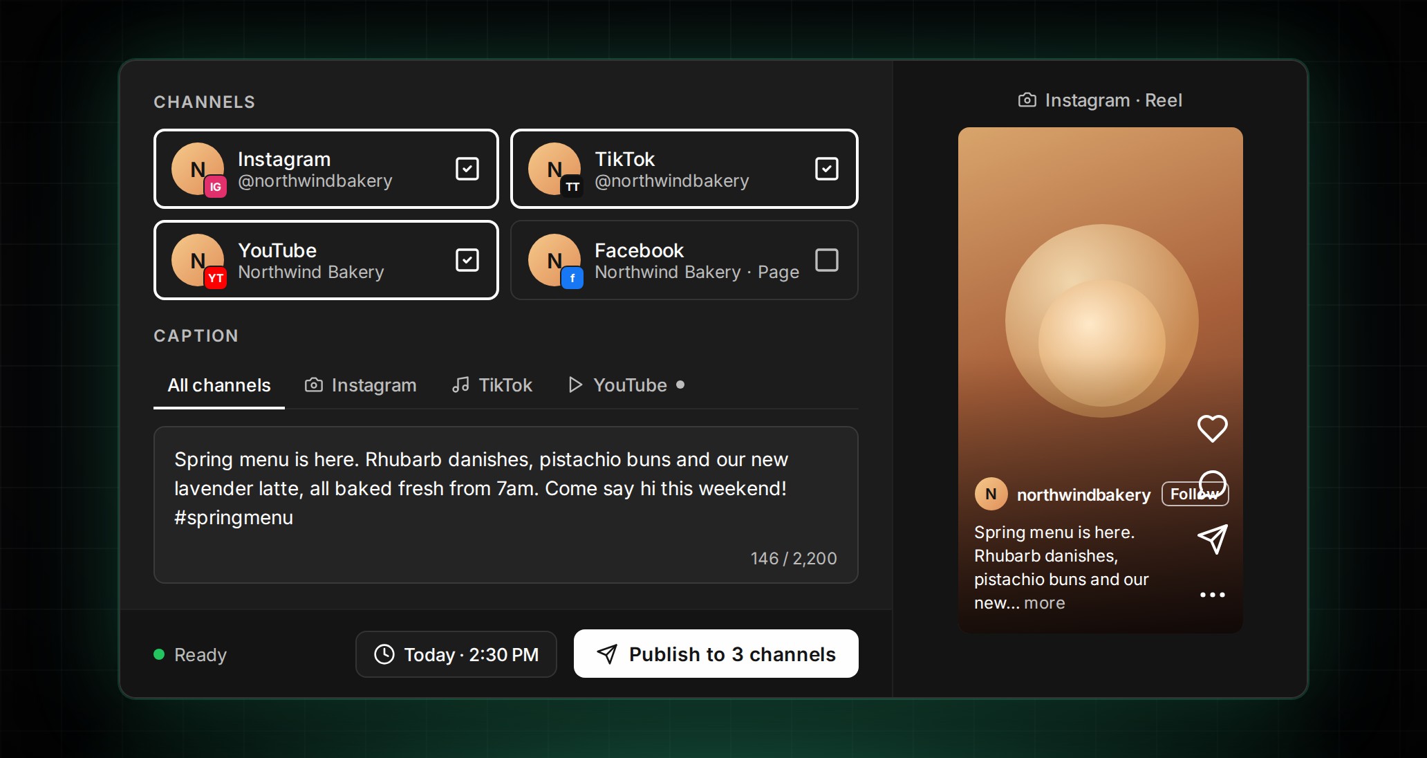 Redesigned Publish screen in ContentCrew with channel cards, caption tabs and an Instagram Reel preview