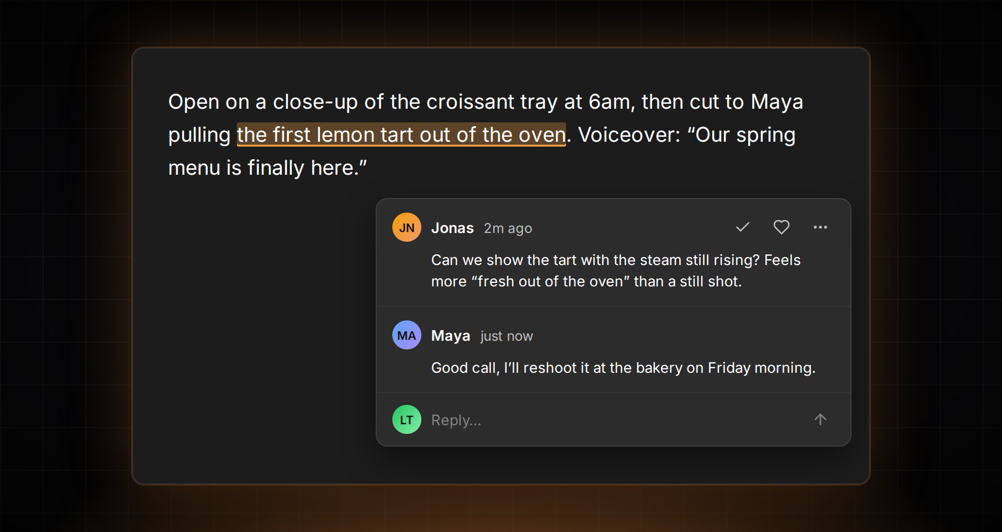Inline comments on idea descriptions in ContentCrew: a highlighted text range with its comment thread popover below.